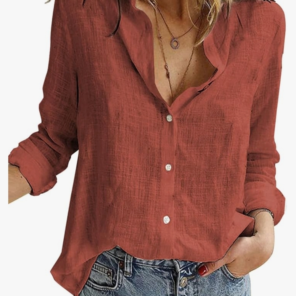 Women's Casual Button-Up Down Blouse Top - Rust Red Sz S